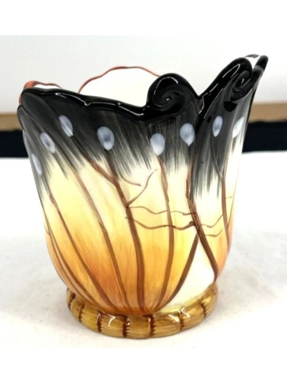 Butterfly Wings Vase Porcelain Majolica Orange Brown Blue Applied Butterfly 5.5